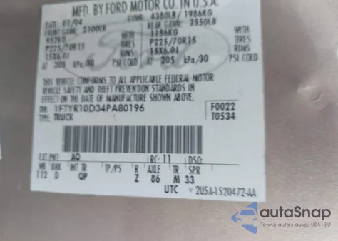 2004 Ford Ranger Xl/Xlt z USA, uszkodzony, nr VIN 1FTYR10D34PA80196